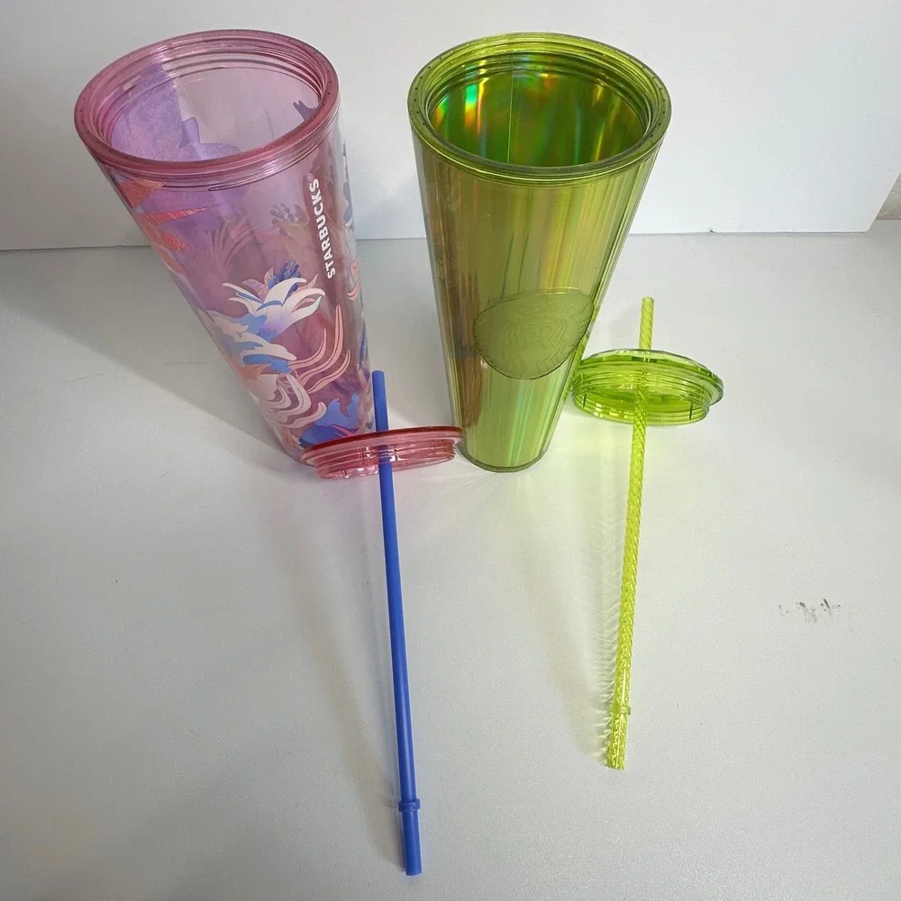 Starbucks Tumbler Set 24oz Floral Purple & Iridescent Lime Green Excellent Venti